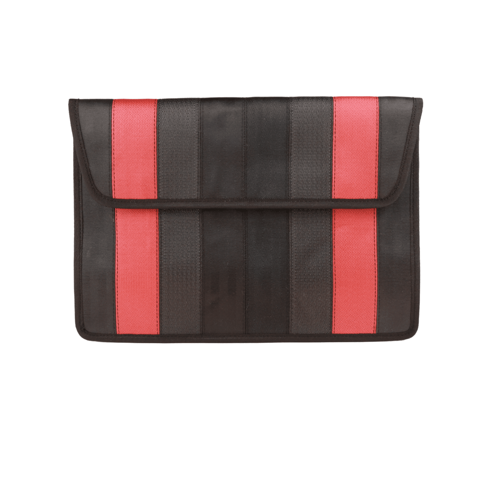 Jaggery laptop sleeve red front Red and black laptop sleeve crafted from upcycled cargo belts and car seat belts