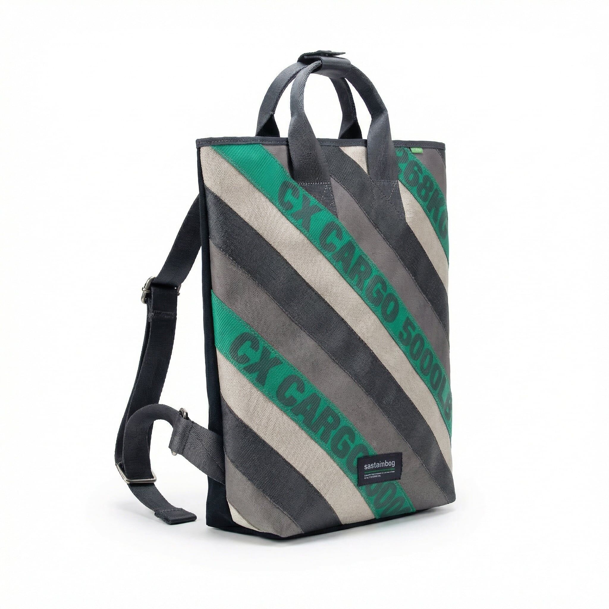 Jaggery Upcycled Day Tripper Backpack a backpack made from striped upcycled cargo belts and seat belts