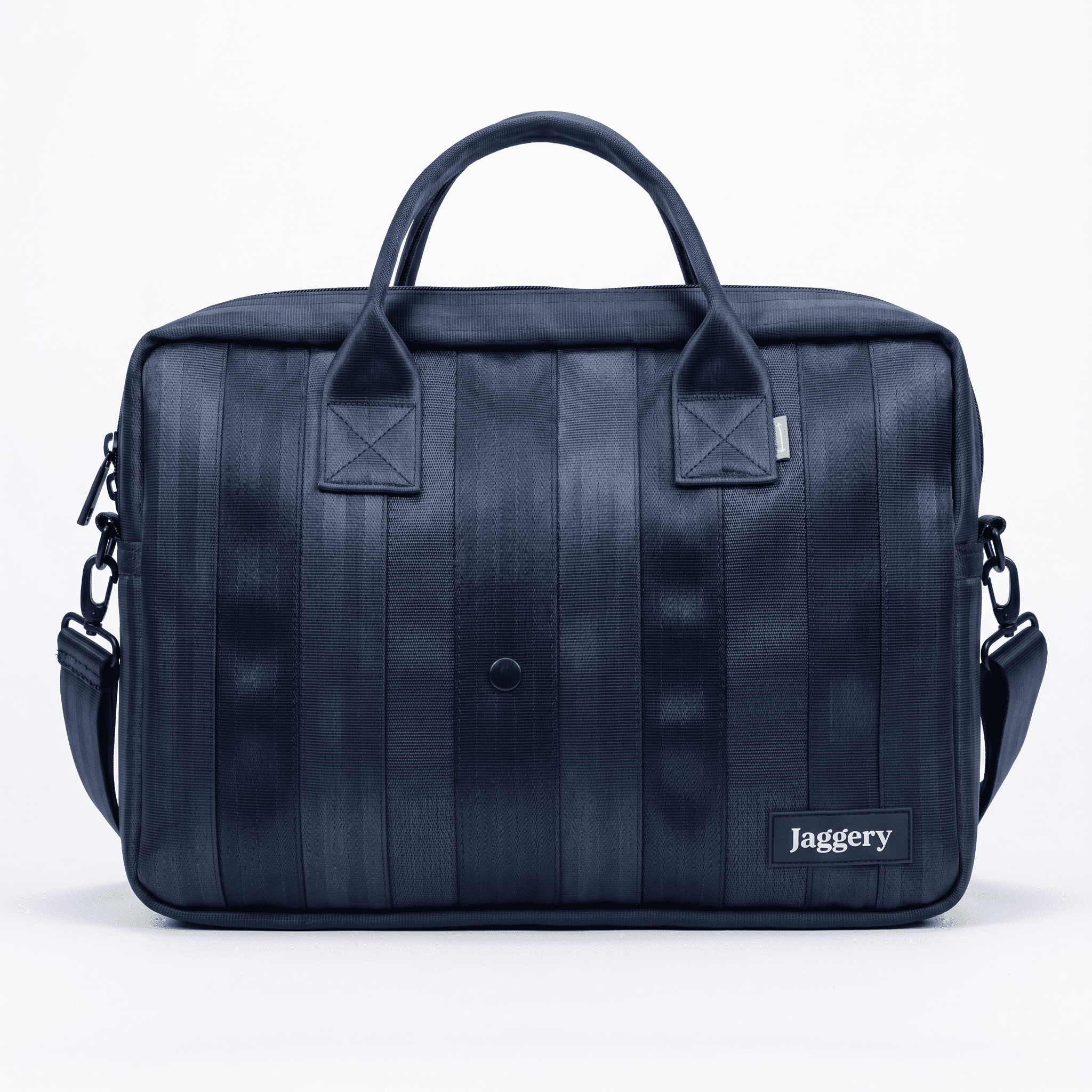 Jaggery Upcycled Executive Urban Briefcase AI a black briefcase with handles and siding made from upcycled seat belts