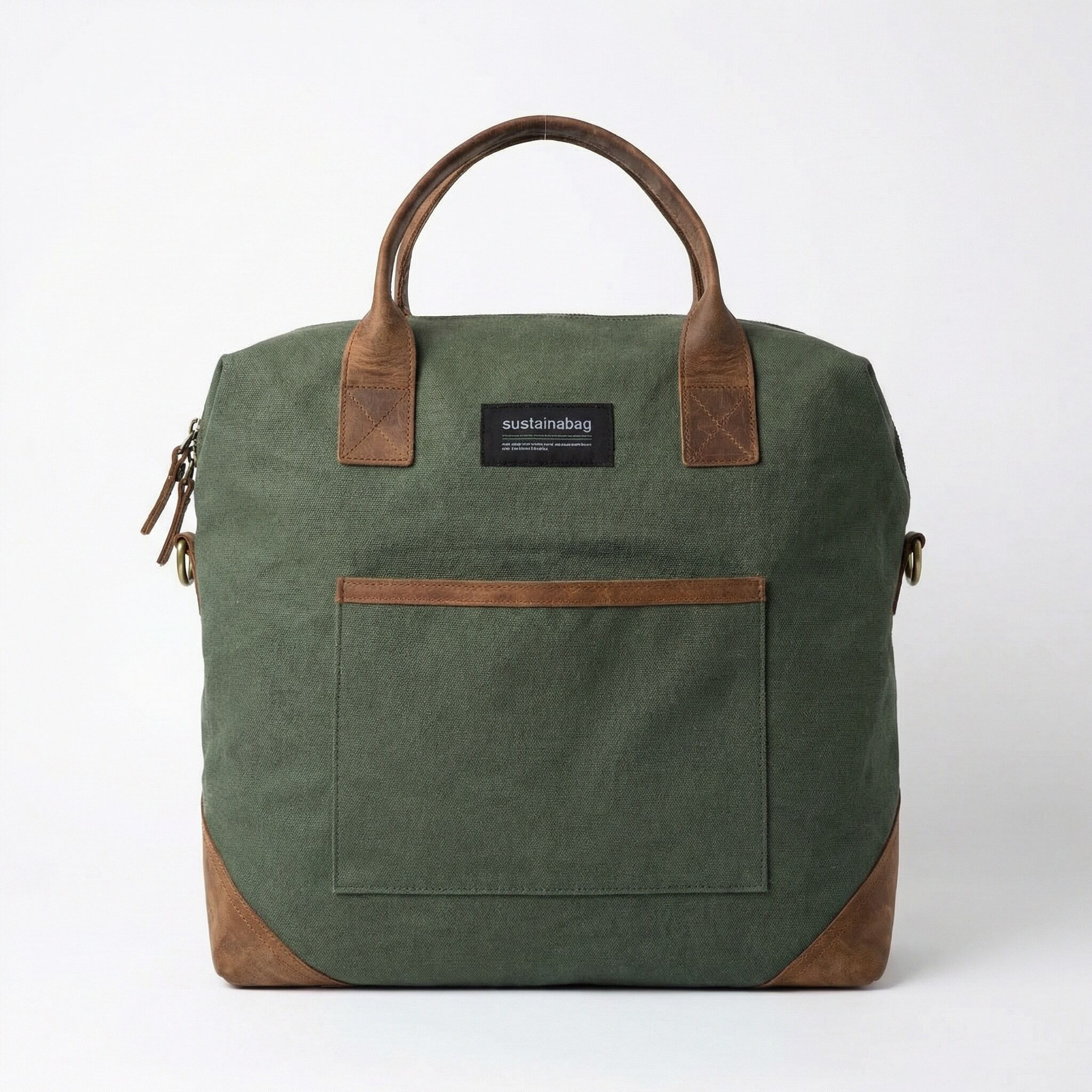Jaggery Upcycled Director's Bag a green bag with brown leather details and handles