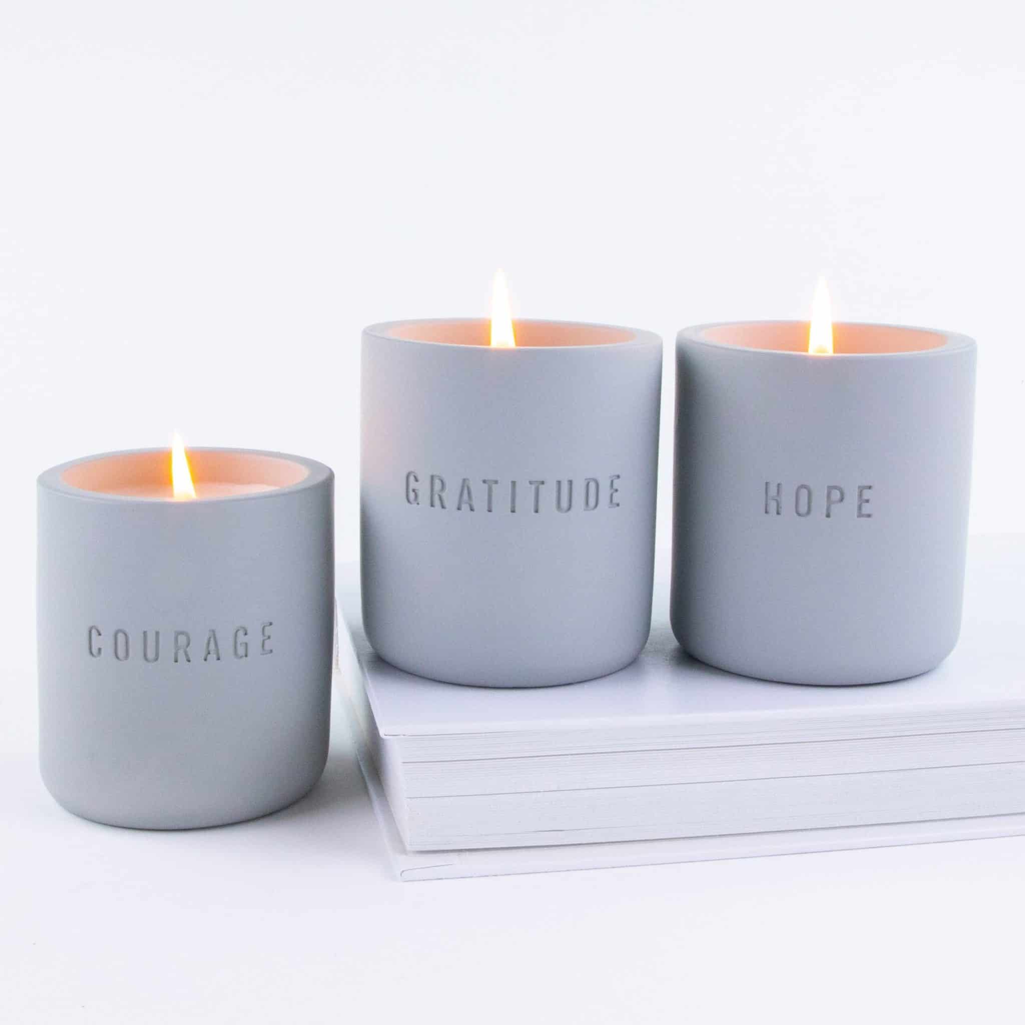 Celebration Candles TF10 Row 415 Candles that say courage, gratitude, and hope