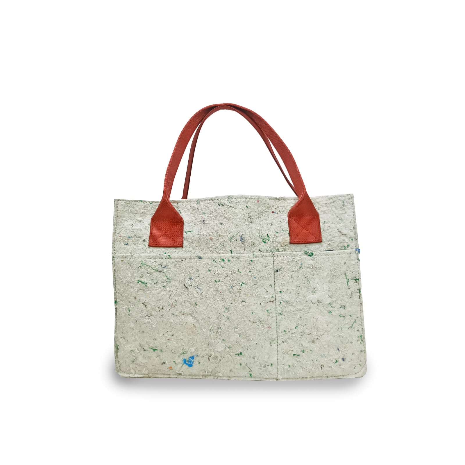 feelgood essetials rear view Rear view of a white tote bag with red handles
