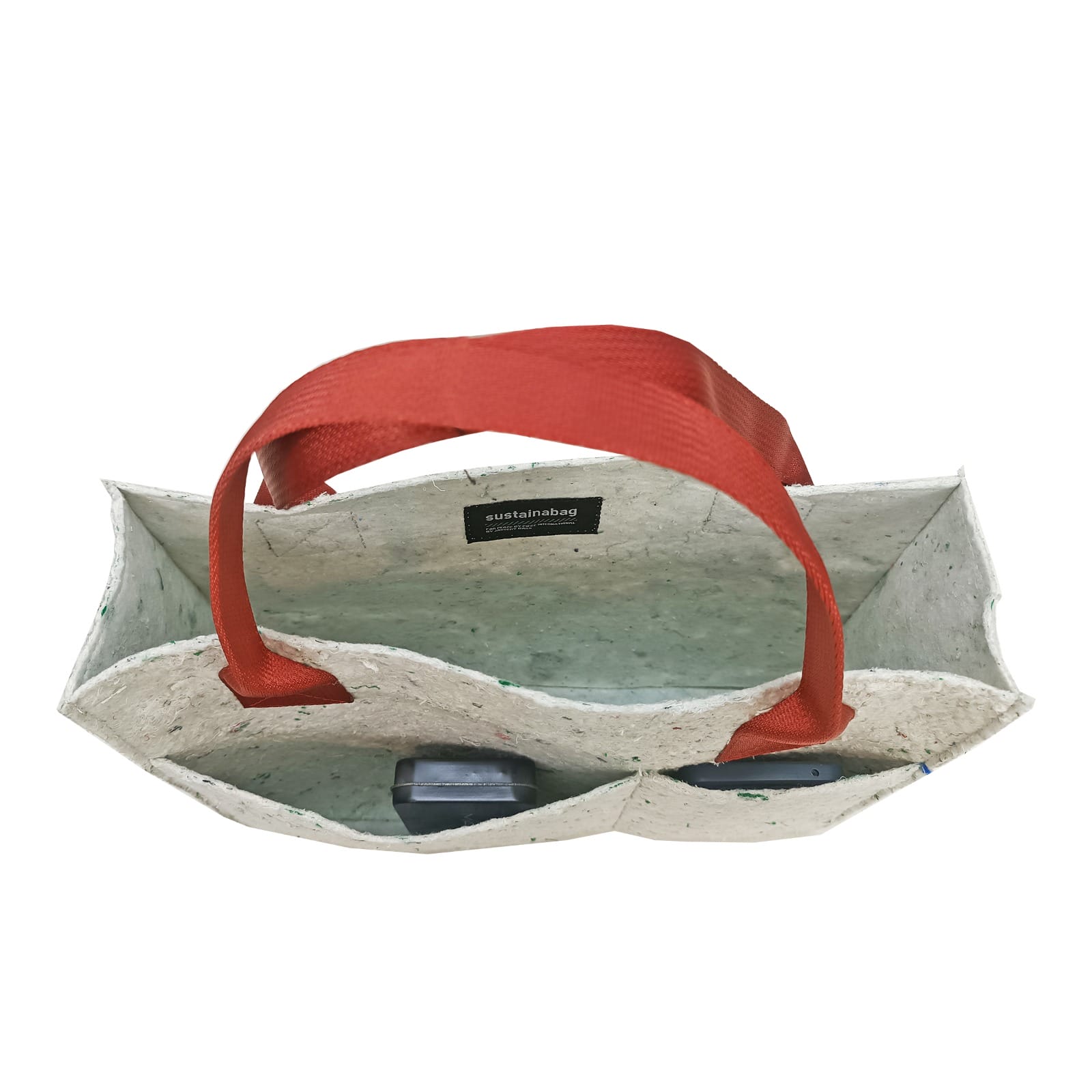feel good essentials top view view from the top of a white tote bag with red handles and two exterior pockets
