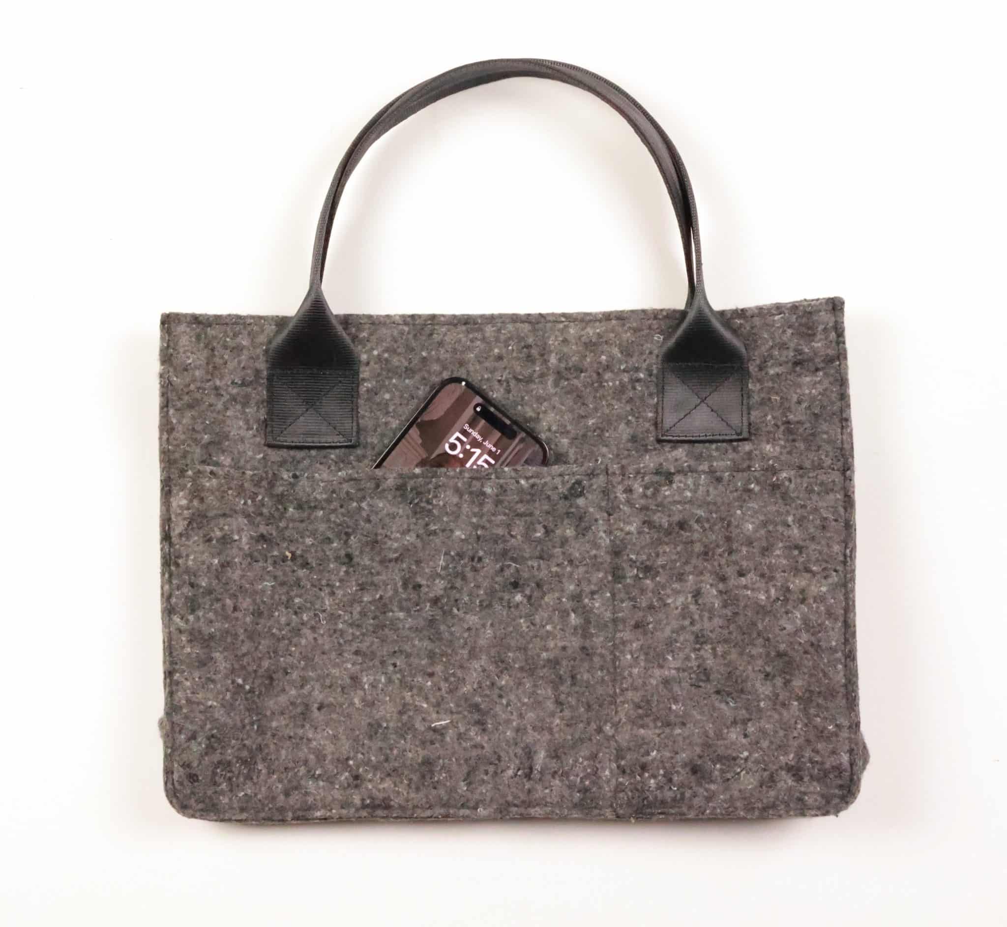 FeelGood Essentials Tote with Phone Charcoal bag made from recycled textiles and upcycled seatbelts for corporate gifting