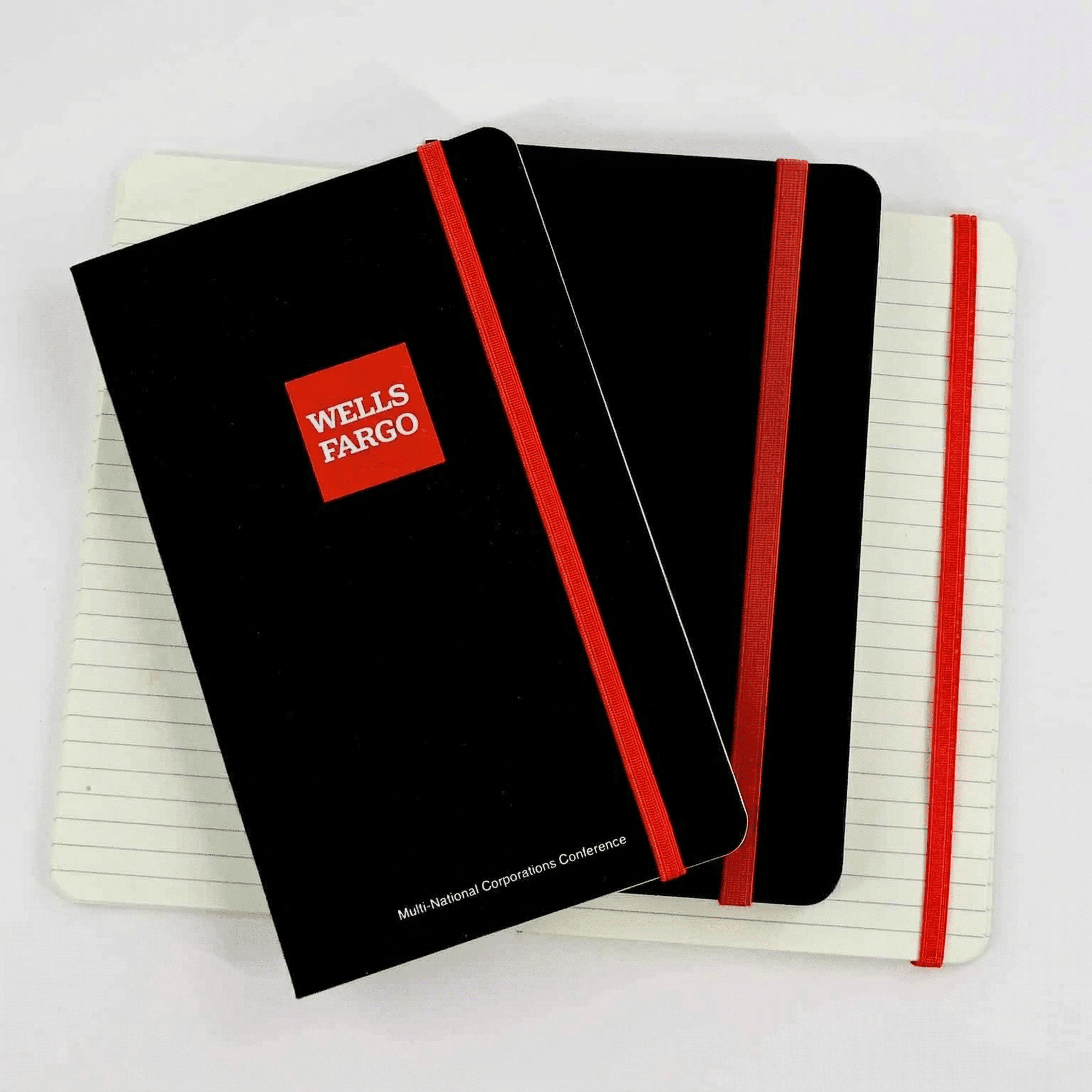 Craft Boat Wells Fargo Notebooks Two black notebooks with red details are stacked on top of an open notebook