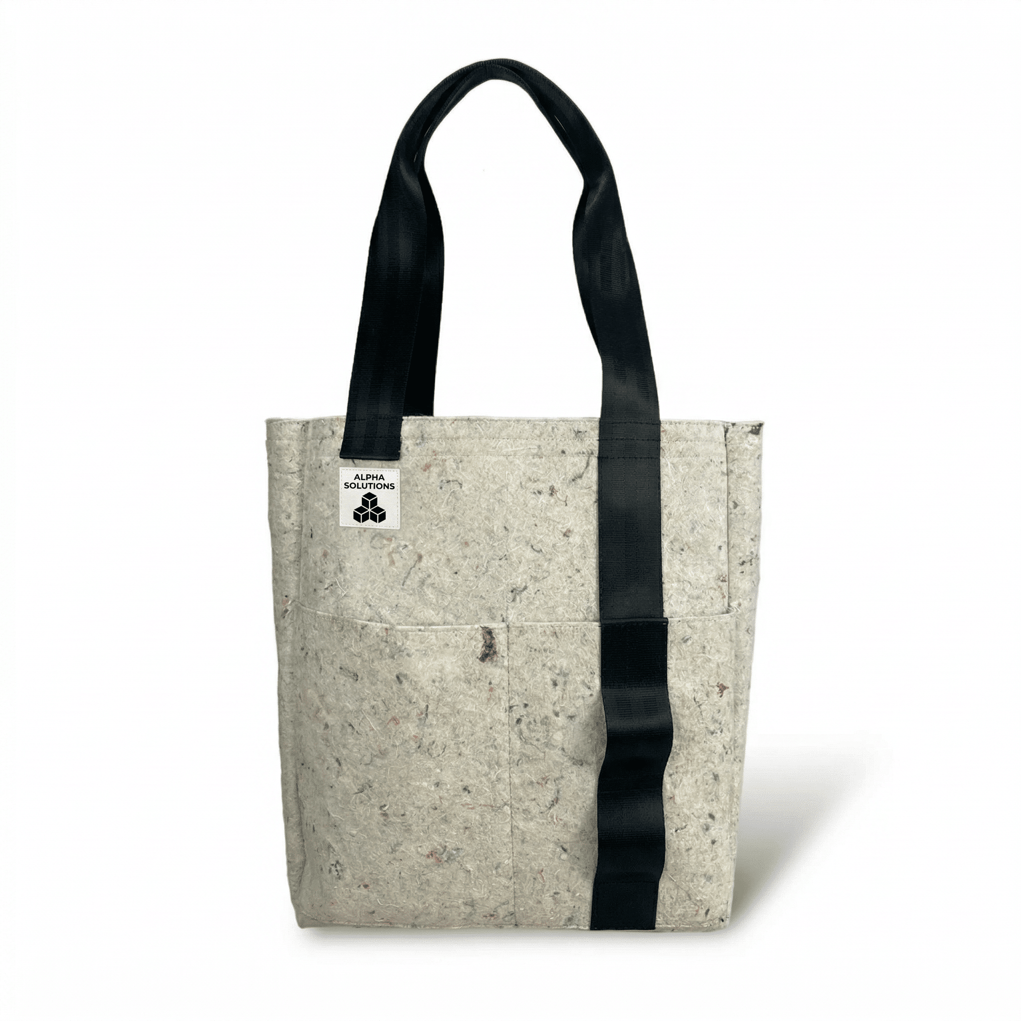 Good Felt Tote fake logo A light gray tote made from recycled textiles with black straps and a corporate logo