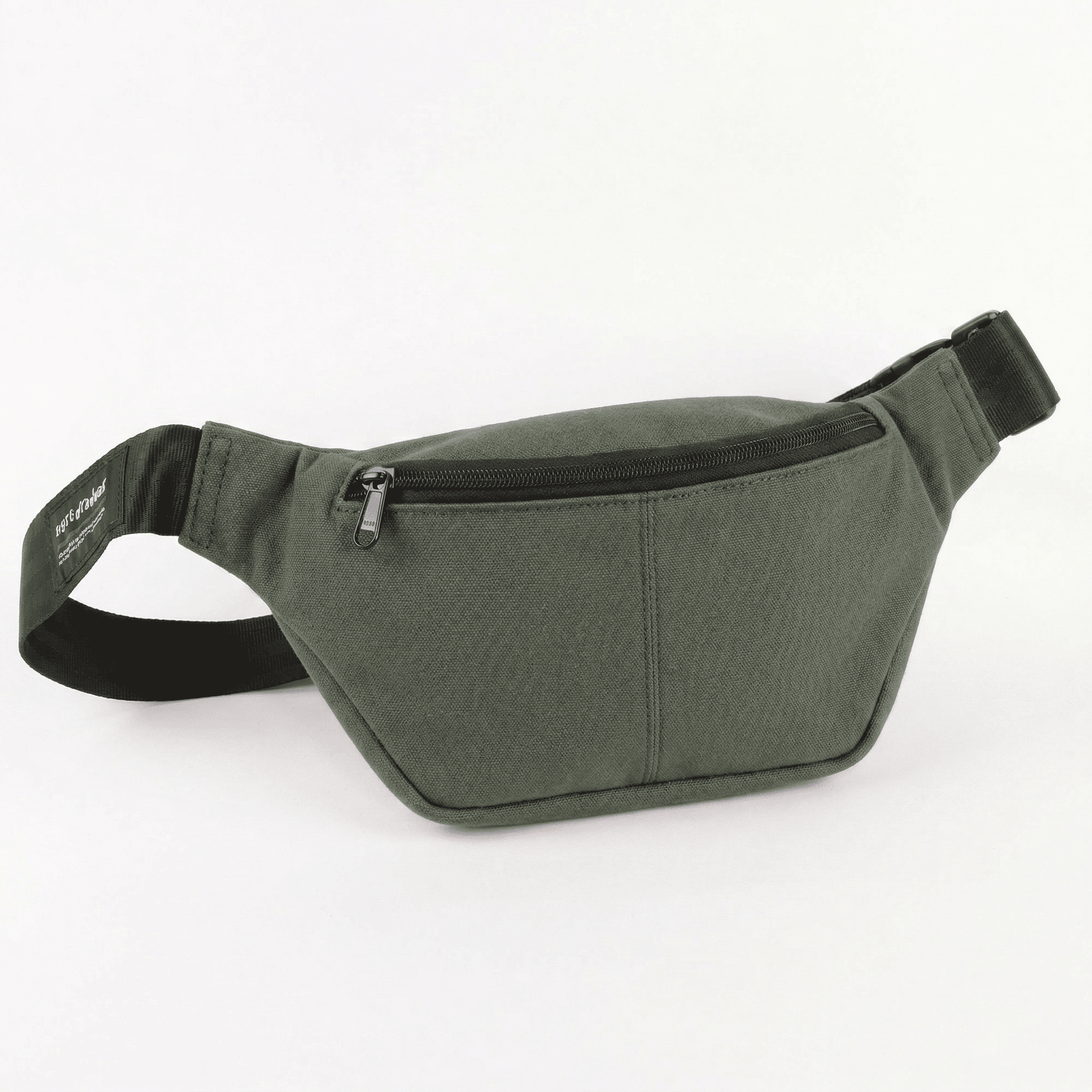 a sling/fanny pack in taupe green with a front zipper pocket. Made from upcycled materials