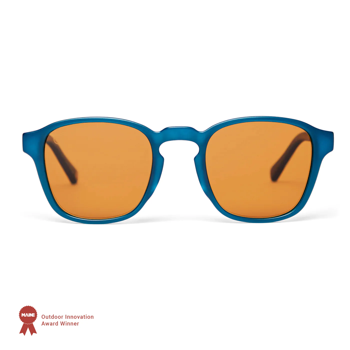 Briny Stoked Plastic Opolis Sunglasses a pair of blue sunglasses made from recycled materials with a tag that says "Outdoor Innovation Award Winner"