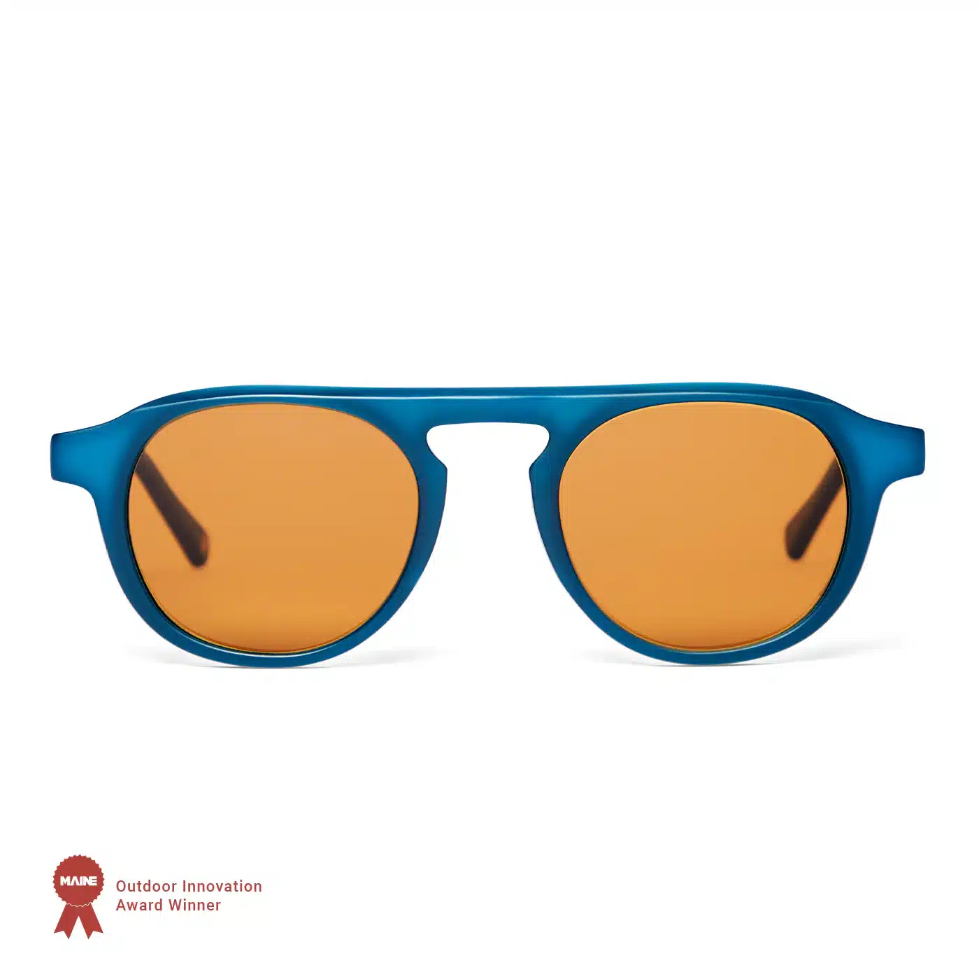 Champlain Stoked Plastic Opolis Sunglasses a pair of blue sunglasses made from recycled materials with a tag that says "Outdoor Innovation Award Winner"