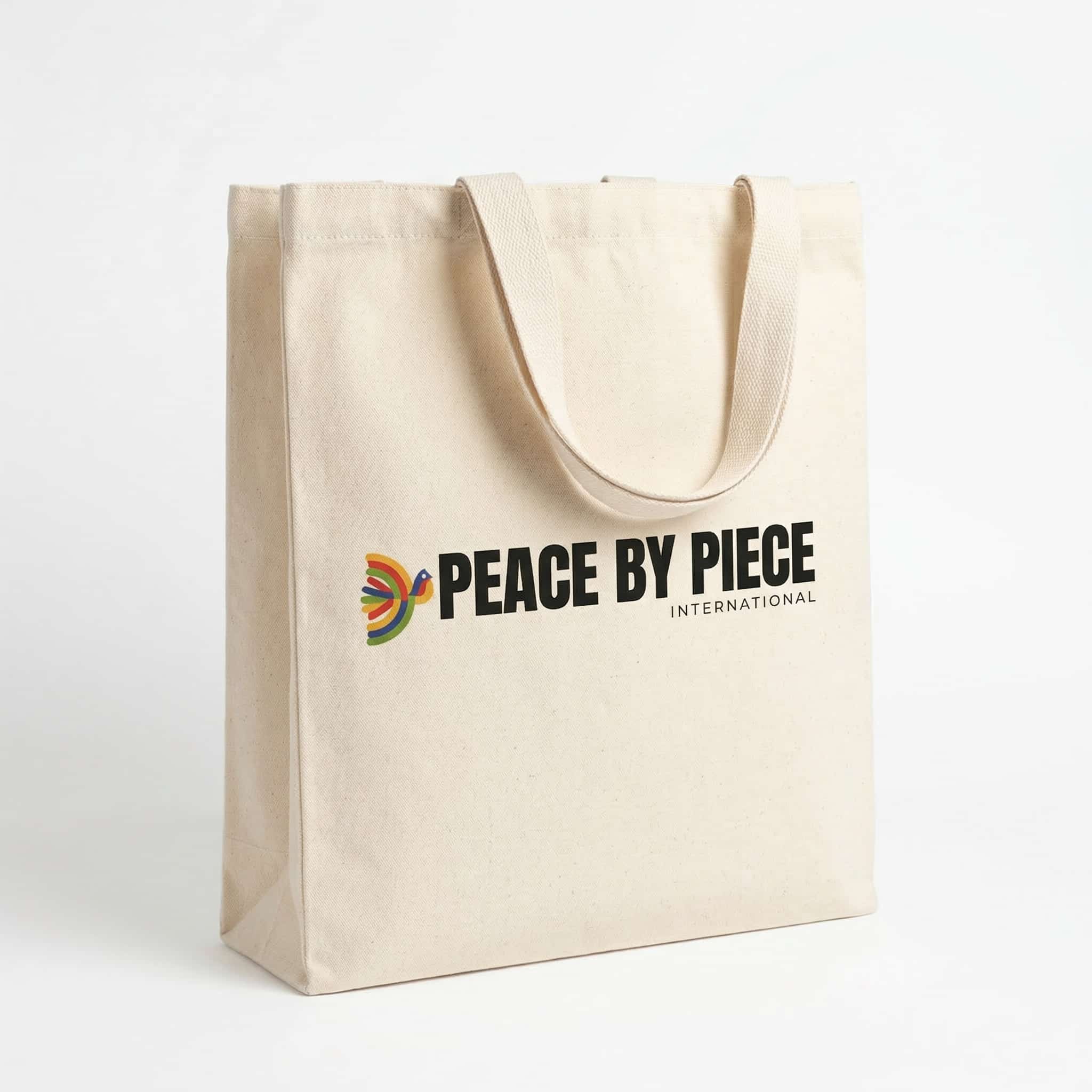 mi eelo Mujer Made Brandable Tote Full Gusset An upright tote with a Peace by Piece International logo and a full gusset