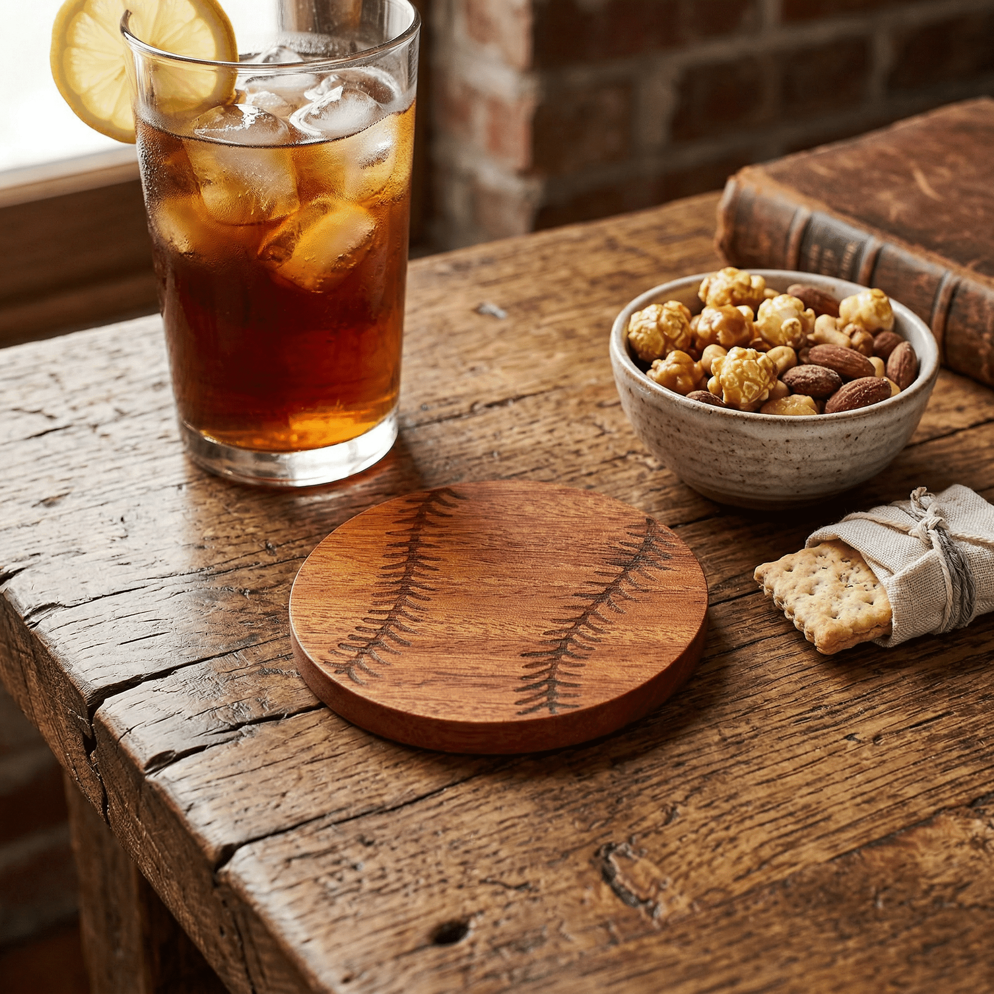 Itza Wood baseball coaster lifestyle Place the wooden drink coaster Nano Banana 2 86120