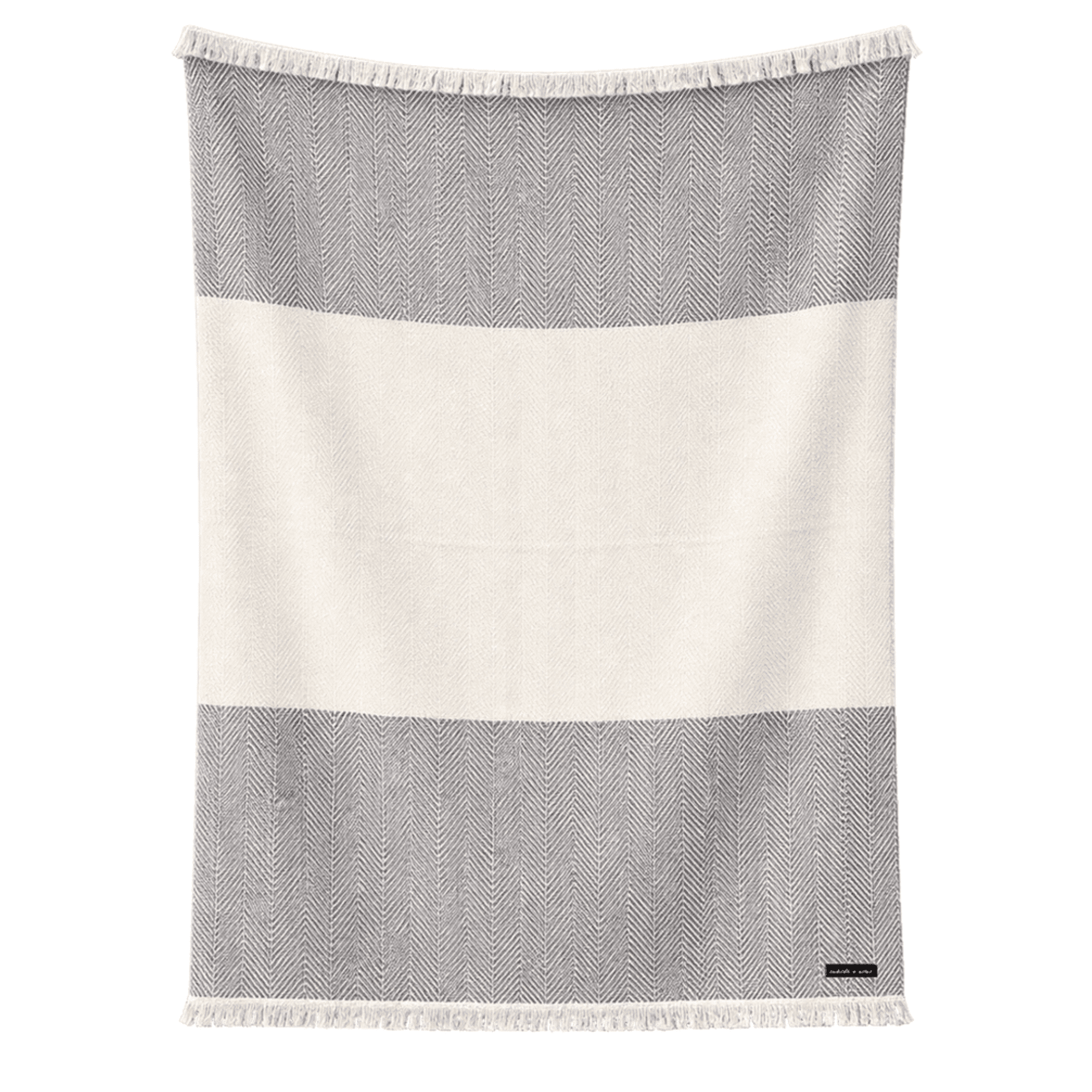S&A American Made Blanket in Slate a stretched out blanket with a white stripe in between two gray stripes is set against a clean white background