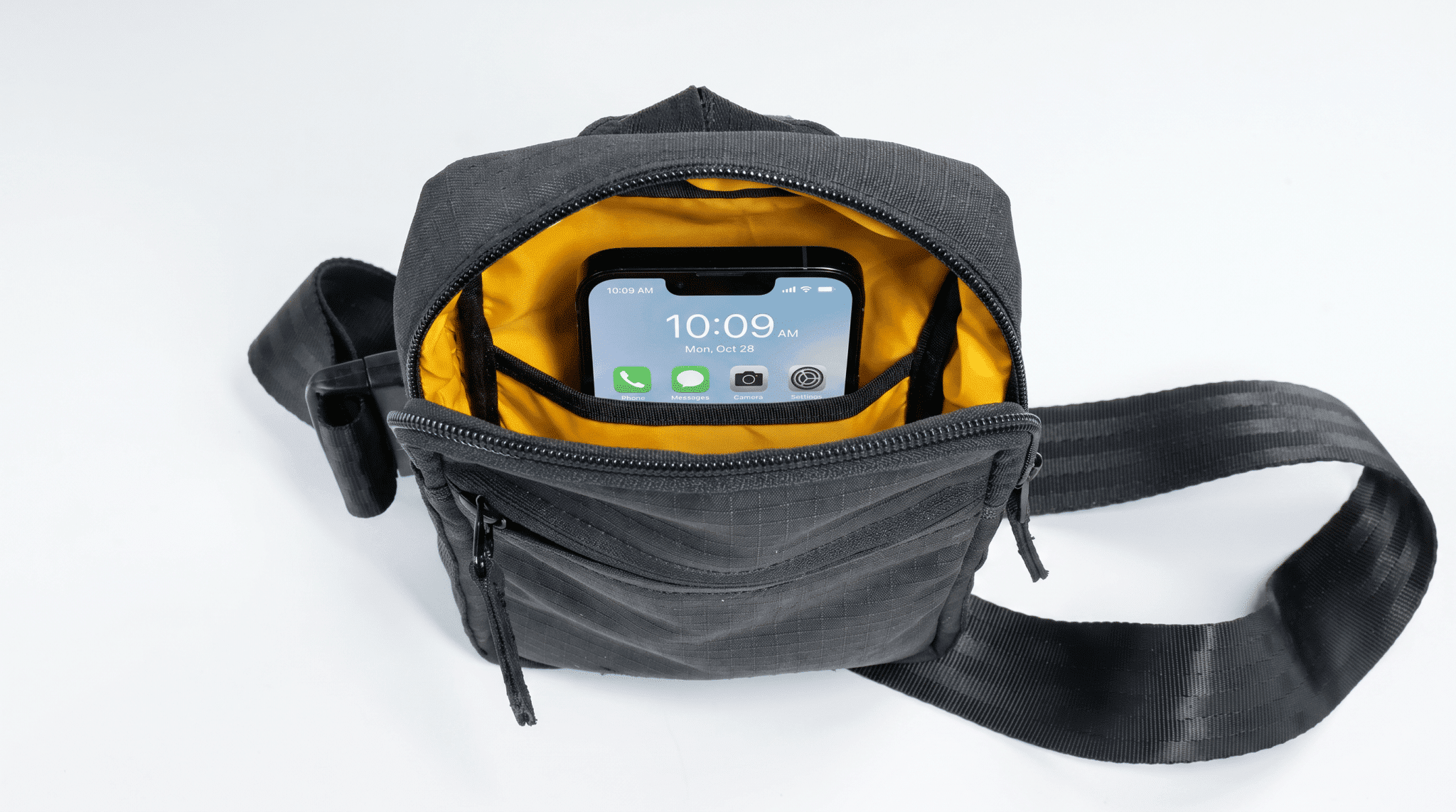 corporate gifting Black sling open. Inside pocket for a phone, yellow linen. Ideal for Corporate gifting