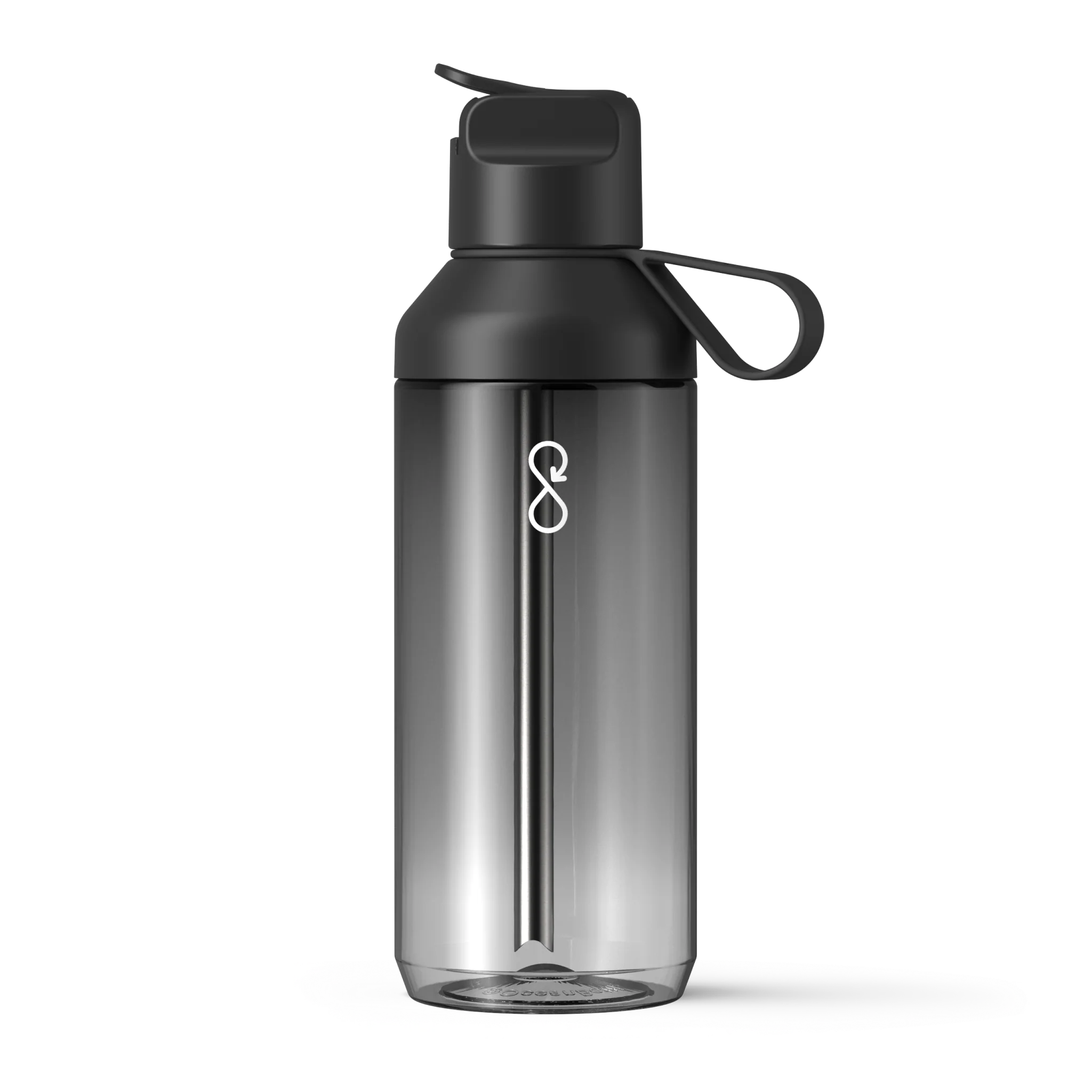 GOClear ObsidianBlack Front 1 A clear, brandable water bottle with a black ombre look and a black lid