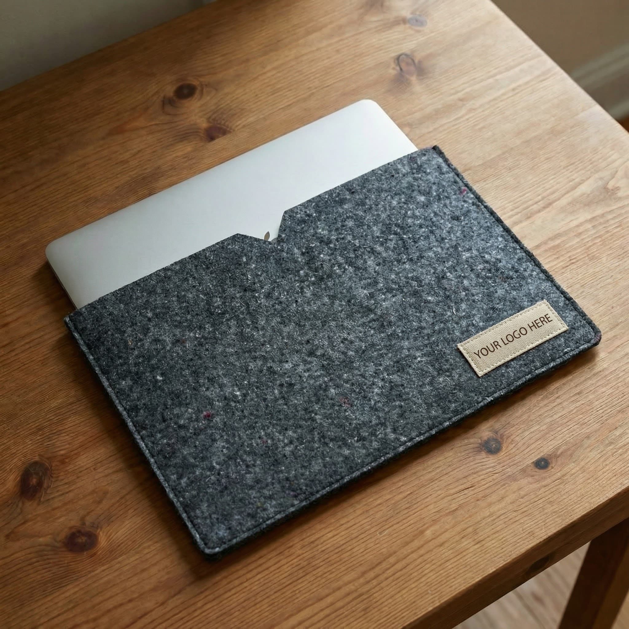 jaggery good felt charcoal laptop sleeve on desk A gray felt brandable laptop sleeve on a wooden desk with a laptop inside
