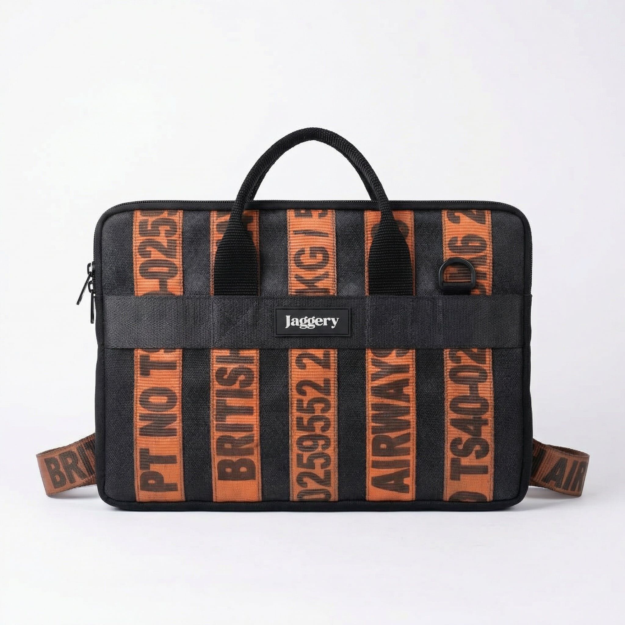 Jaggery upcycled grip laptop bag orange and black An orange and black striped laptop bag made from upcycled cargo belts