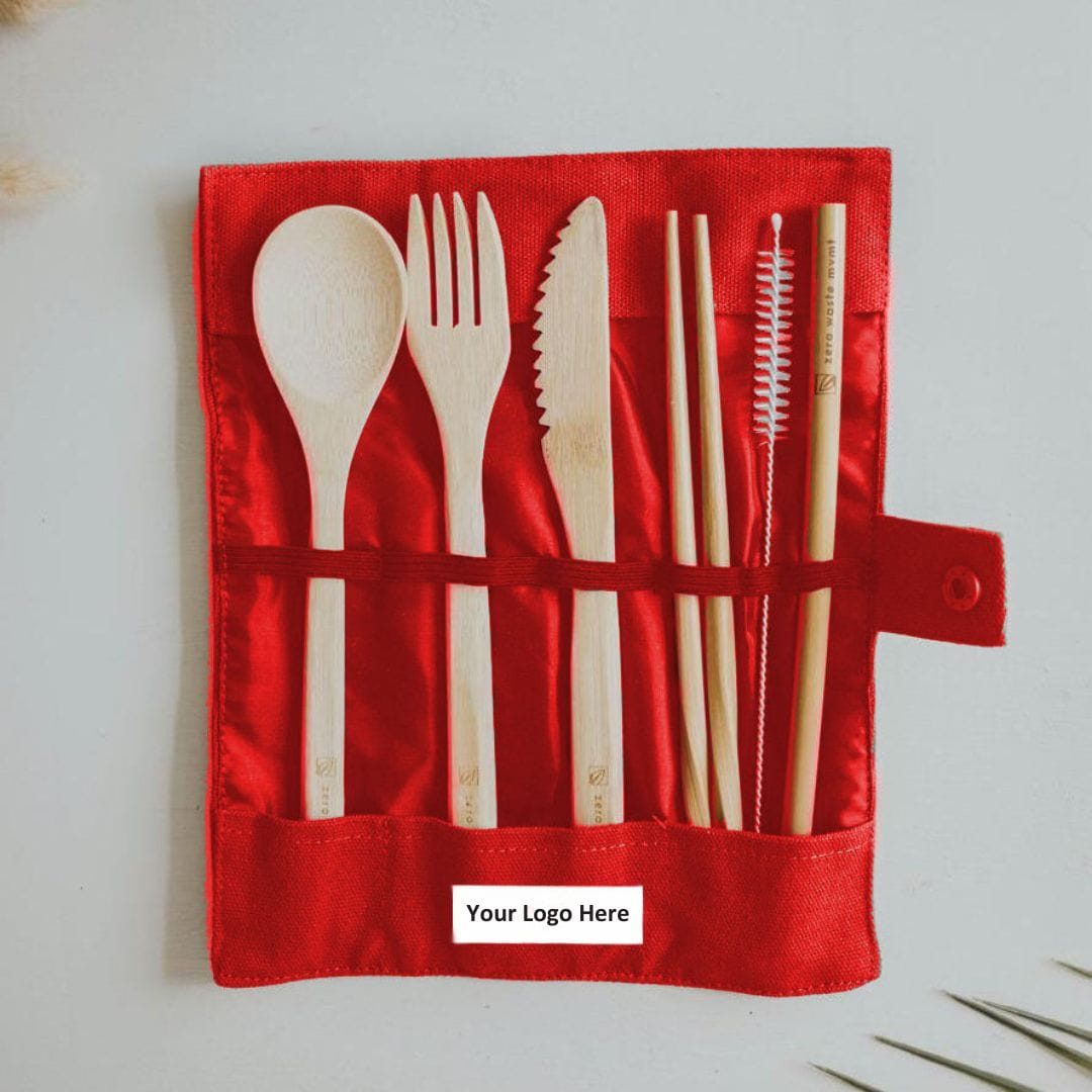 Work+Shelter Cutlery Roll Up in red Biodegradable bamboo cutlery set in canvas rollup in red