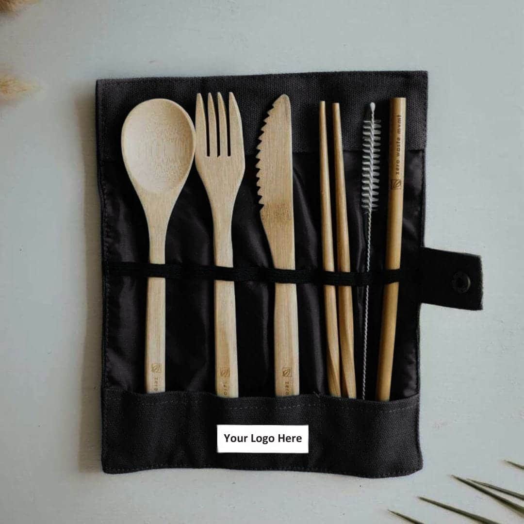 Work+Shelter Cutlery Roll Up in black Biodegradable bamboo cutlery set in canvas rollup in black