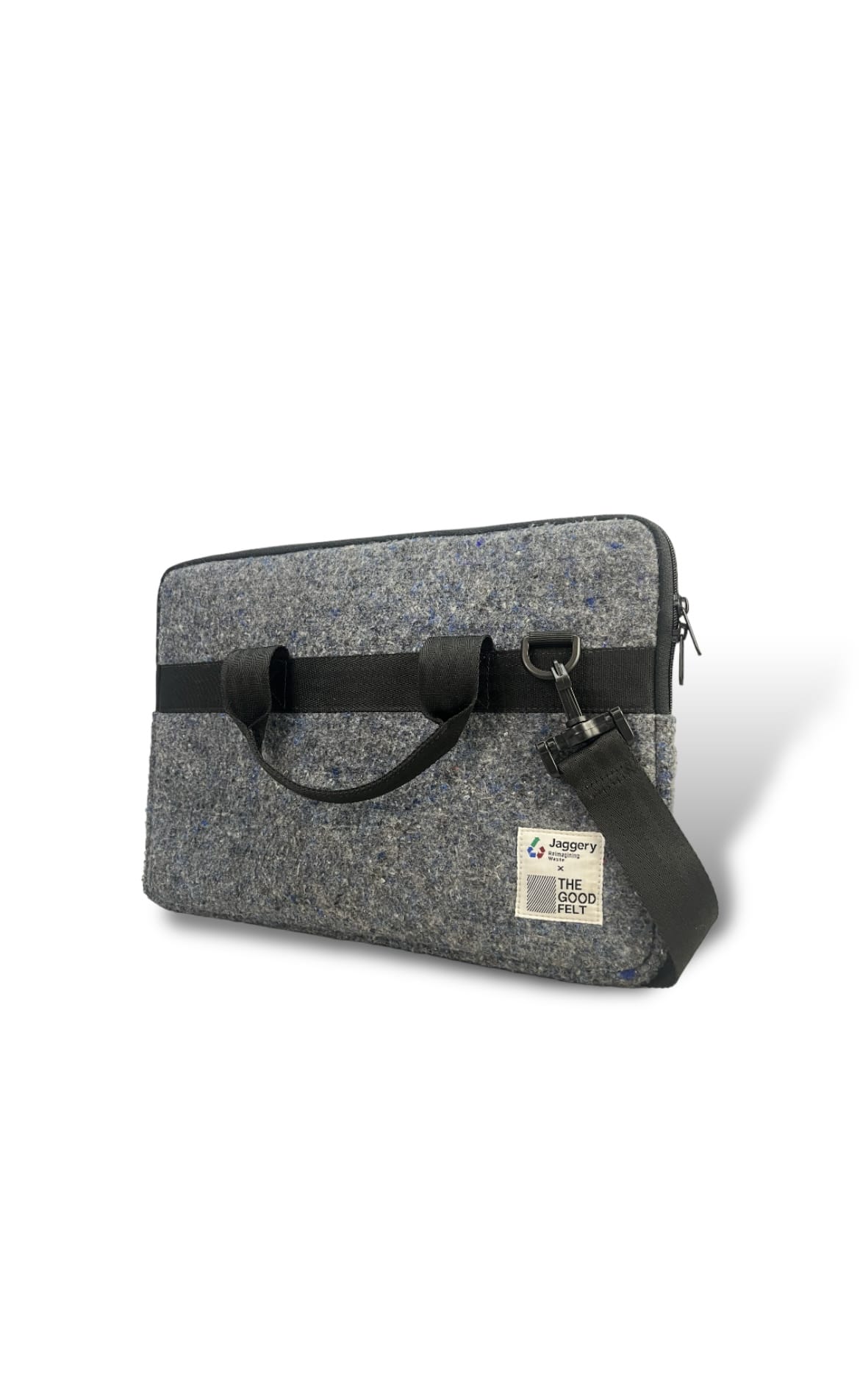 goodfelt gray laptop bag angle view gray laptop bag with black handles viewed from an angle