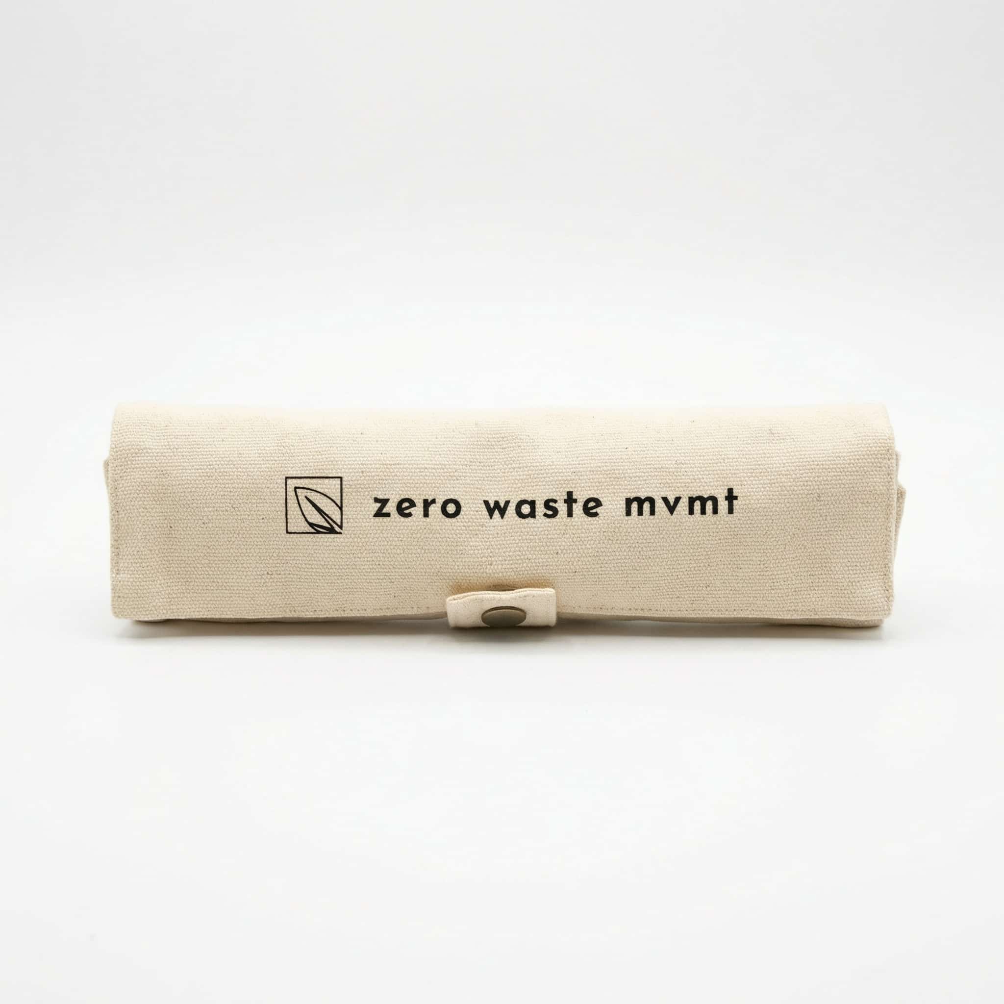 W+S utensil rollup A cream-colored utensil rollup for reusable utensils that says "zero waste movement"
