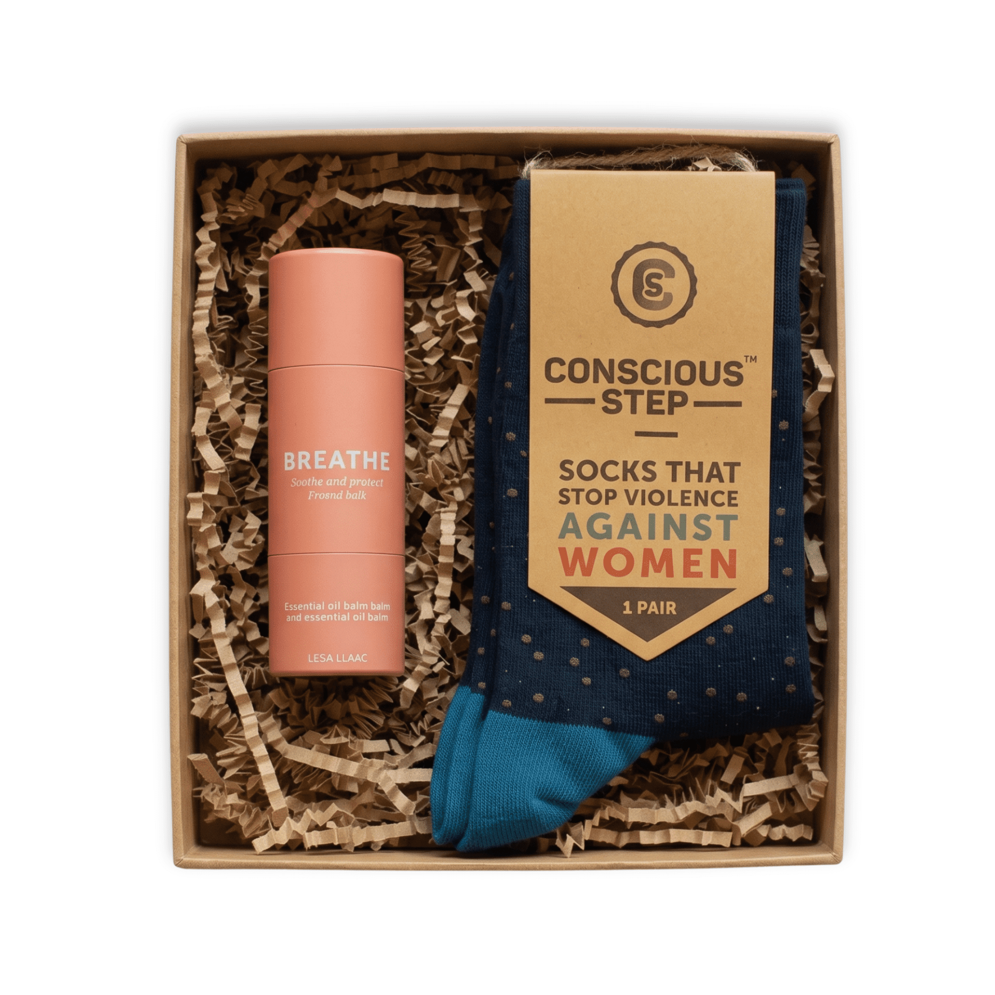 a simple moment This gift set is completed by a pair of socks that support different causes, and an essential oil roller made by women survivors forging new paths.