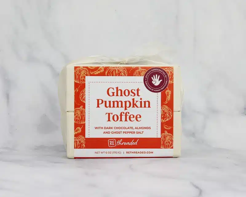 Rethreaded 6z Ghost Pumpkin Toffee (seasonal) A 6 oz box of Gost Pumpkin Toffee made by women survivors