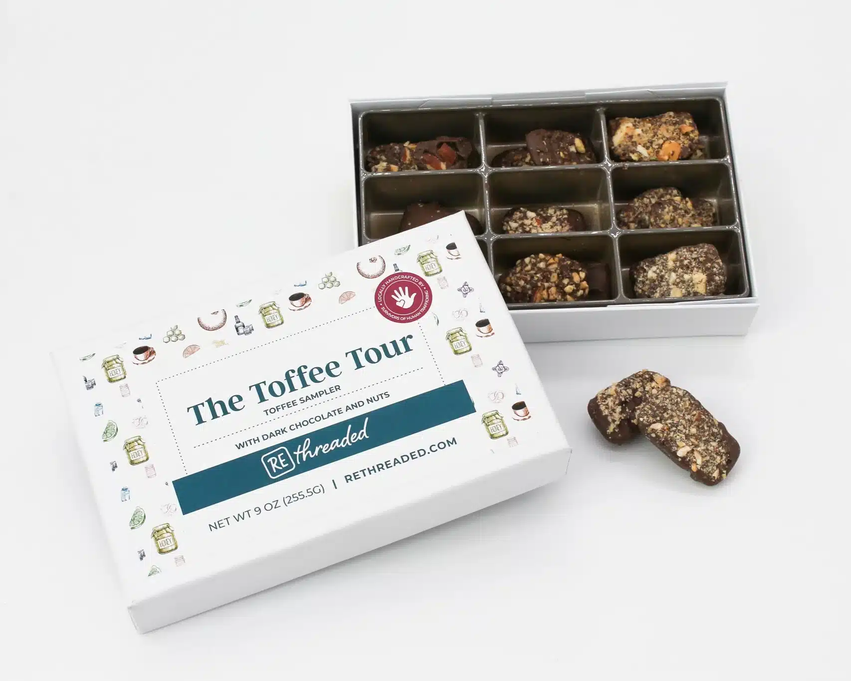 Rethreaded Toffee Tour A selection of different toffees in a box "The Toffee Tour" made by women survivors