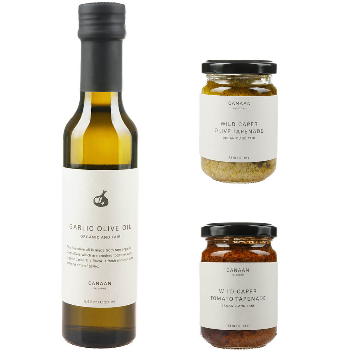 Palestine Culinary Collection 1200x1200 1 Artisan culinary set; garlic olive oil, wild caper olive tapenade, and wild caper tomato tapenade