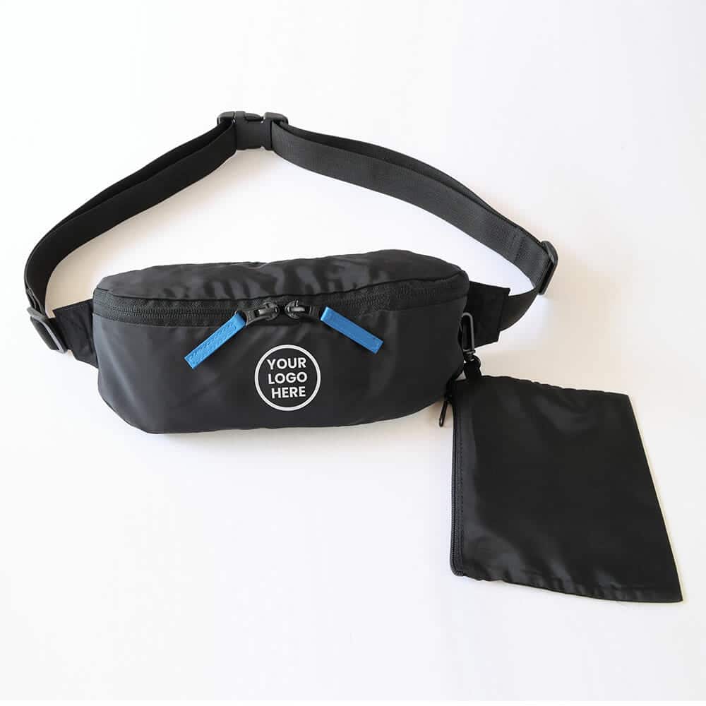 Foldaway Hip Bag1 Convertible black hip bag, folds into a square pouch for on-the-go convenience