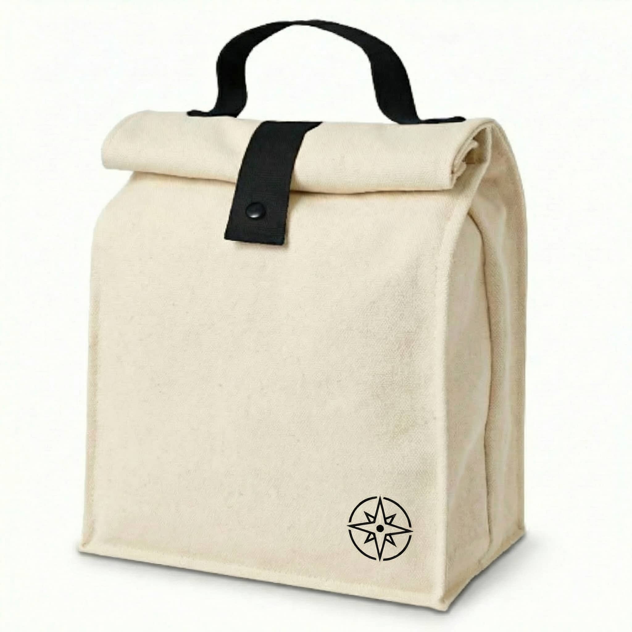 W+S sustainable lunch sack in NATURAL a cream colored reusable lunch sack with a black handle and a small black corporate logo in the bottom right hand corner